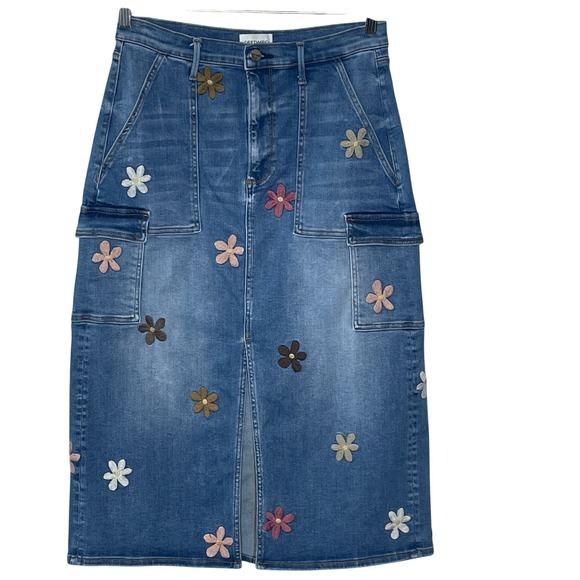 DRIFTWOOD Dresses & Skirts - Driftwood Piper Floral Embroidered Denim Cargo Midi Skirt Blue Womens Size 29